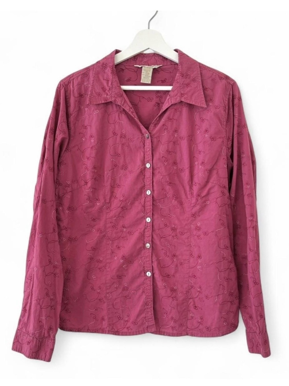 Horny Toad berry pink floral embroidered organic cotton long sleeve shirt